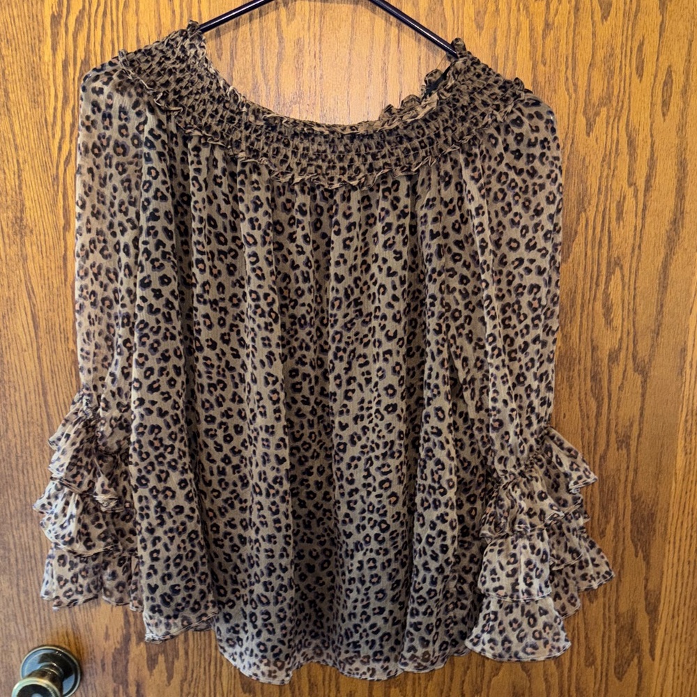 CeCe Leopard Print Ruffle Sleeve Women's Off The Shoulder Top
